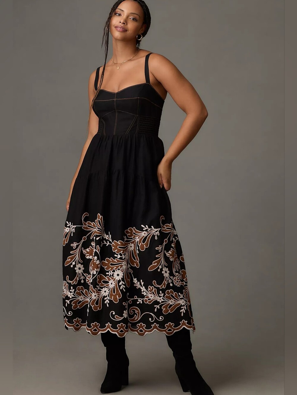 By Anthropologie Appliqué Midi Dress Black Linen Embroidered Plus Size 3X NWT